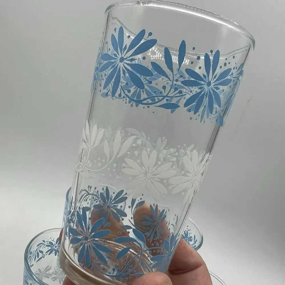 Set 6 Hazel Atlas Drinking Juice Glasses 1960s Blue White Daisies Flowers 4.5